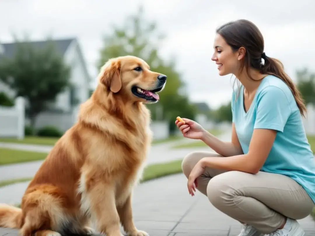 A dog and its owner are practicing loose leash walking skills on a quiet street in a residential neighborhood...