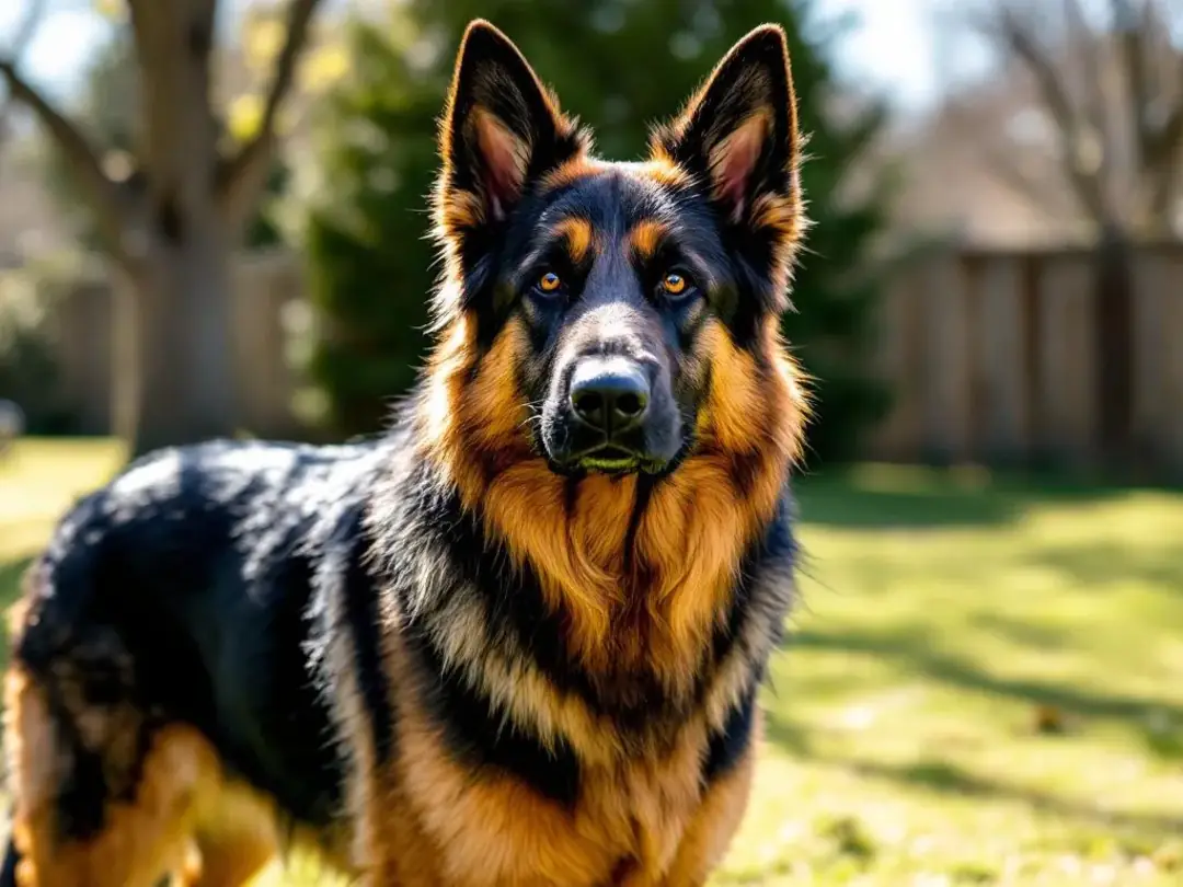 A German Shepherd dog stands outdoors in bright sunlight, showcasing its sleek coat and alert demeanor. This breed can...
