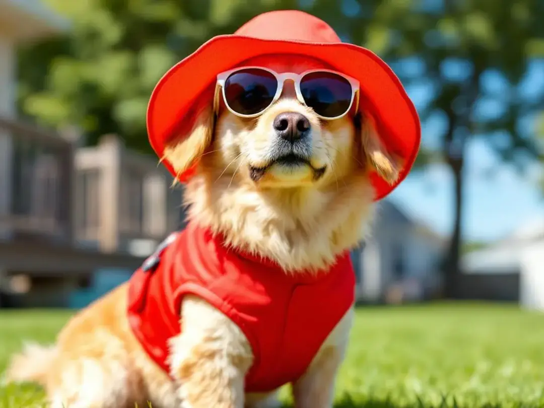 A dog is wearing protective gear, including a sun hat, to shield itself from UV exposure, which is important for...