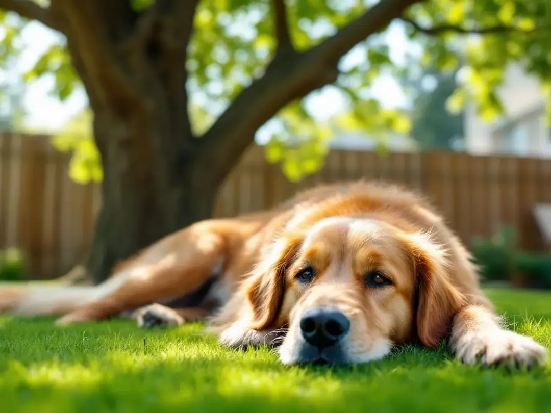 A relaxed dog is lounging in a shaded area of a backyard during the daytime, enjoying the coolness away from the sun...