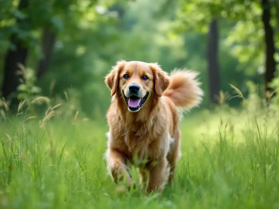 A dog is walking through tall grass in a wooded area, where ticks are commonly found, highlighting the potential risk...