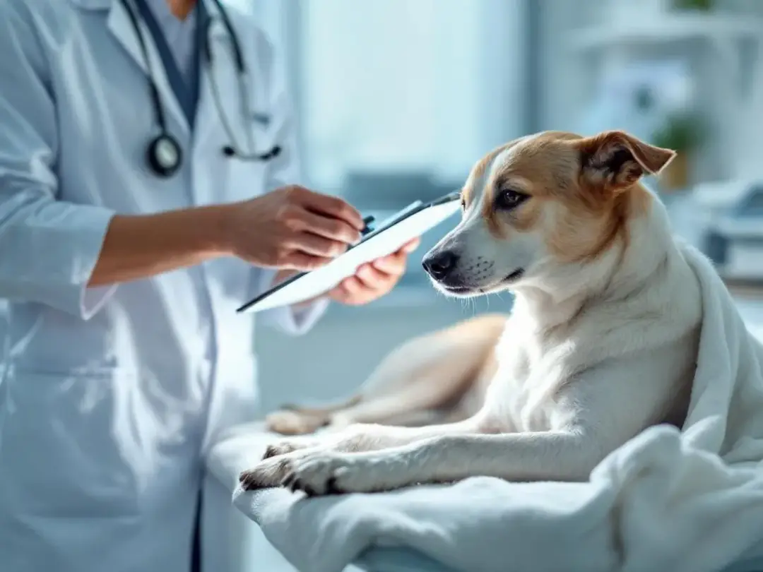A veterinarian is carefully examining a dog's swollen joint during a clinical examination, assessing potential signs of...
