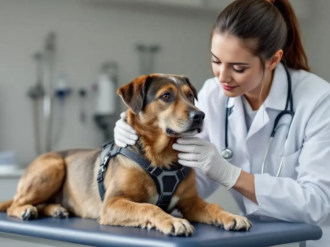 A veterinarian is seen administering medication to a dog in a clinical setting, highlighting the importance of treating...