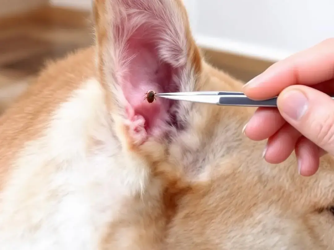 An image demonstrating the proper technique for removing an attached tick from a dog's skin using tweezers...