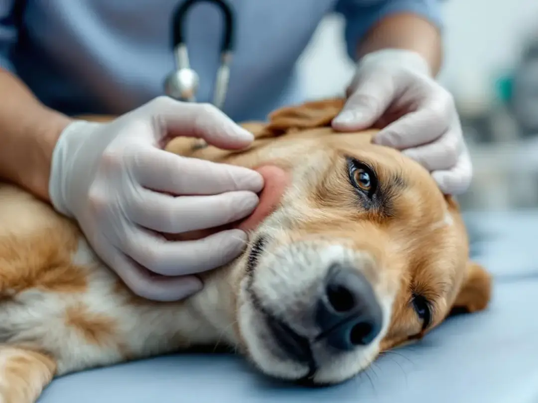 In this close-up image, a veterinarian's hands are gently palpating a dog's neck area, focusing on the enlarged lymph...