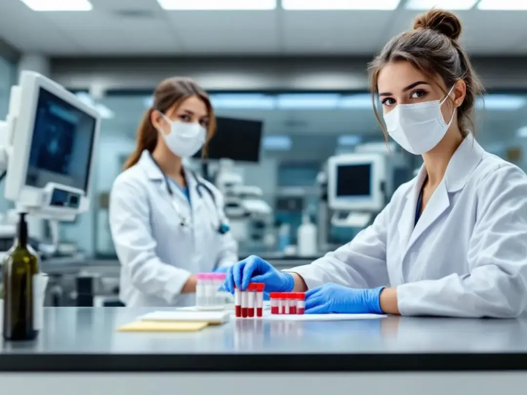 In a modern veterinary clinic, a veterinary technician is carefully preparing blood samples for laboratory analysis...