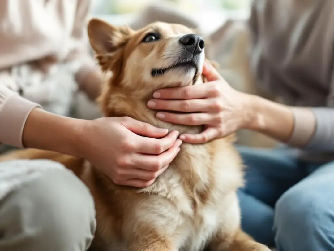An owner is gently examining their dog's lymph nodes at home, checking for any signs of enlargement that could indicate...