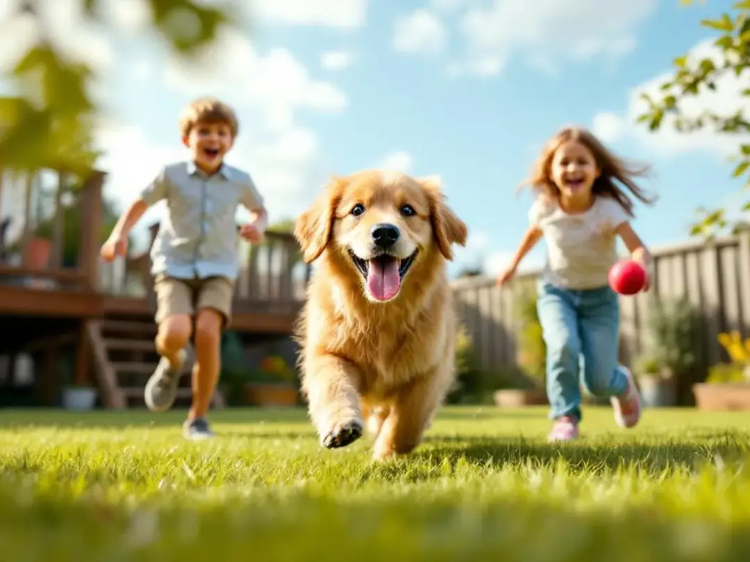 In a cheerful family backyard, a happy mini golden retriever plays joyfully with children, showcasing its affectionate...