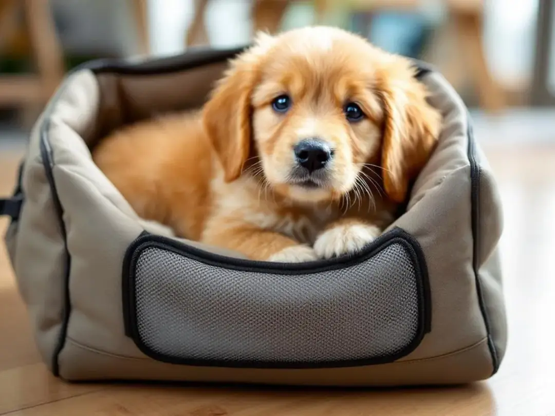 A mini golden retriever puppy sits snugly in a comfortable travel carrier, eagerly awaiting pickup. The adorable pup...