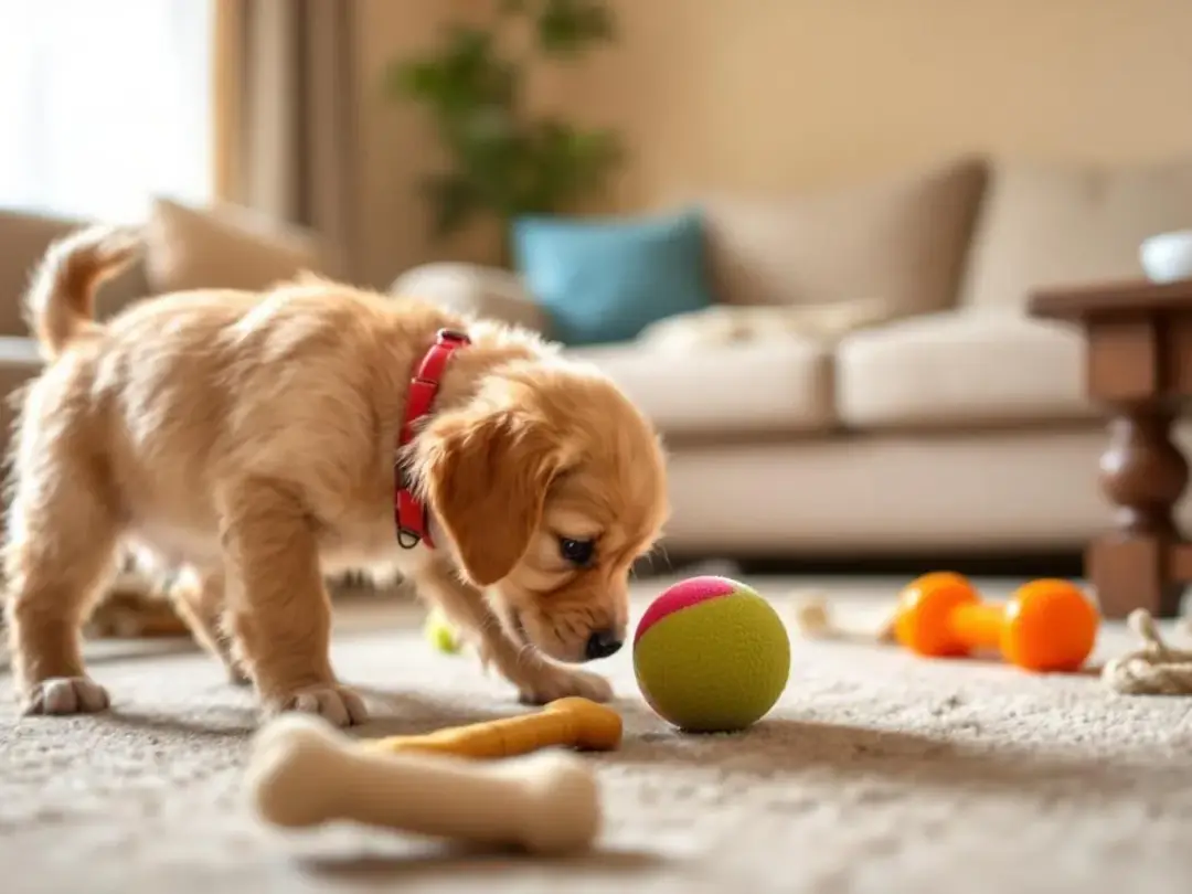 A mini golden retriever puppy is curiously exploring a puppy-proofed living room filled with safe toys, showcasing its...