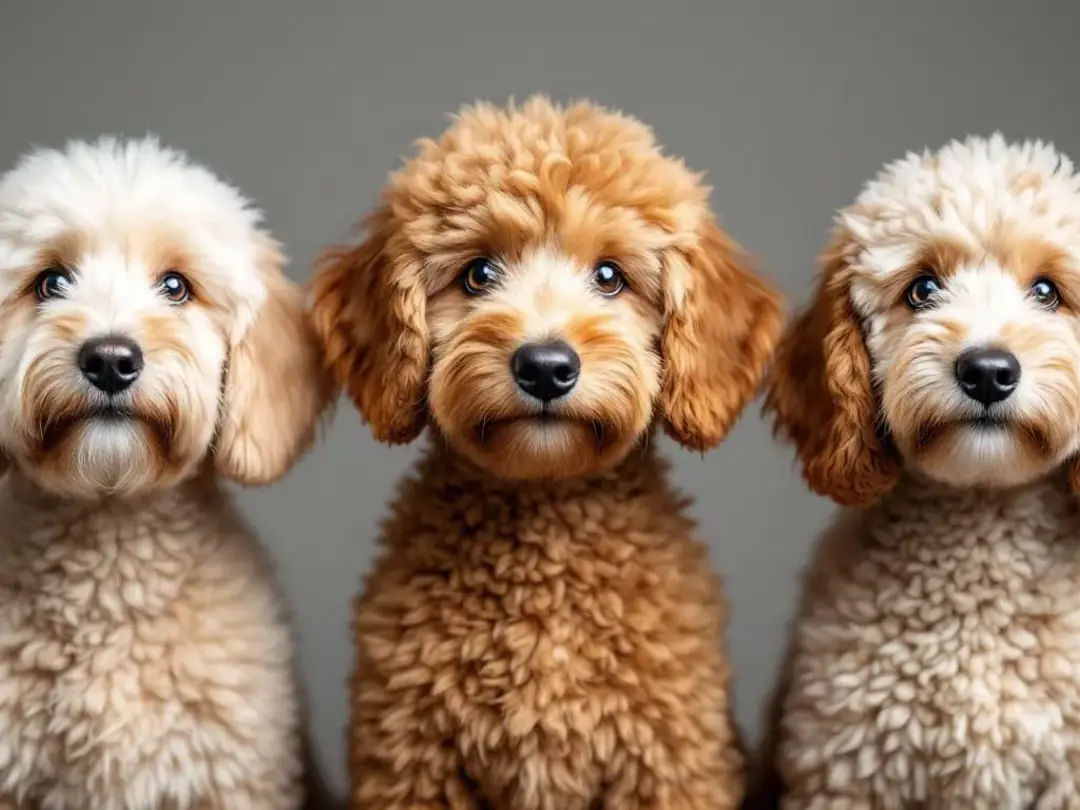 In this close-up comparison, three different mini goldendoodle coat types are displayed, showcasing straight, wavy, and...