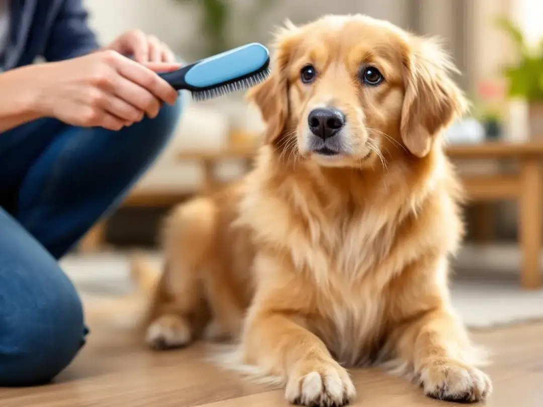 A miniature goldendoodle is being brushed by its owner using a slicker brush, demonstrating proper grooming techniques...