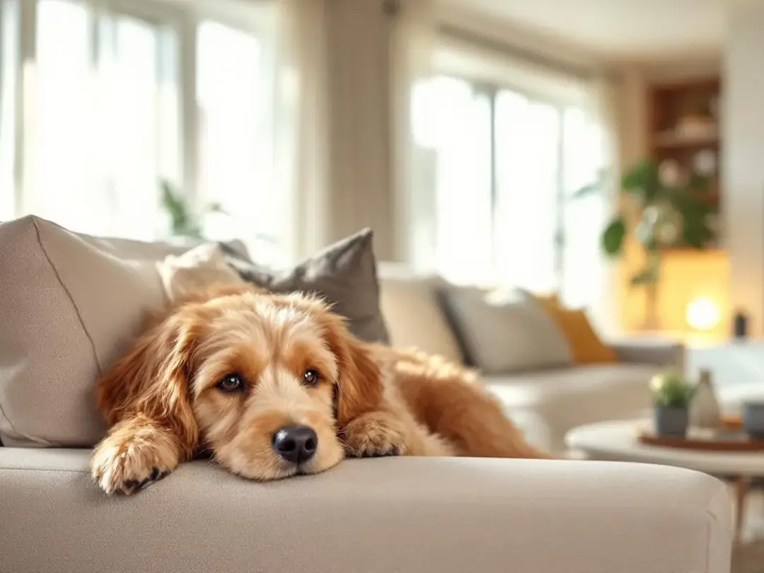 A miniature goldendoodle is lounging comfortably in a modern apartment living room, showcasing its friendly and...