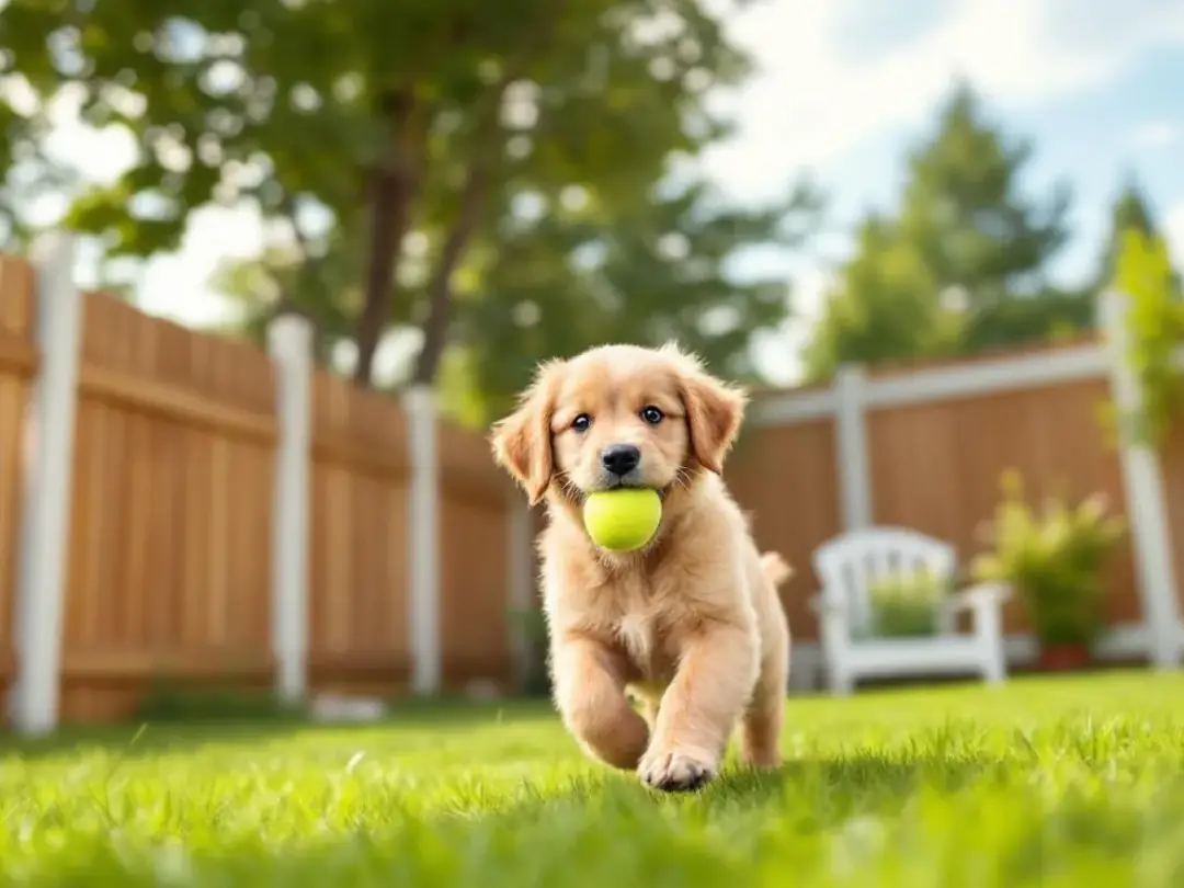 A playful mini goldendoodle puppy is happily running around in a fenced backyard, showcasing its energetic and...