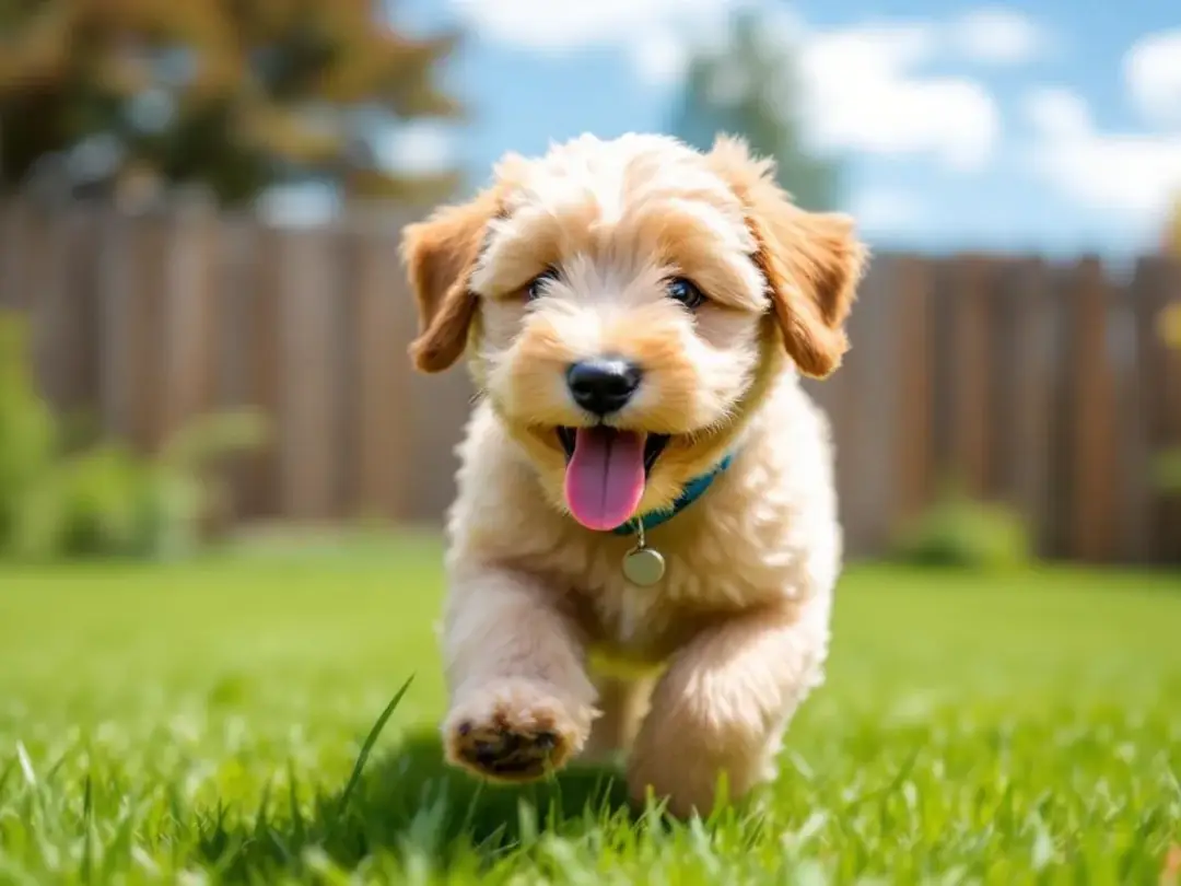 A playful mini goldendoodle puppy is showcasing its fluffy, wavy coat while joyfully playing outdoors, embodying the...
