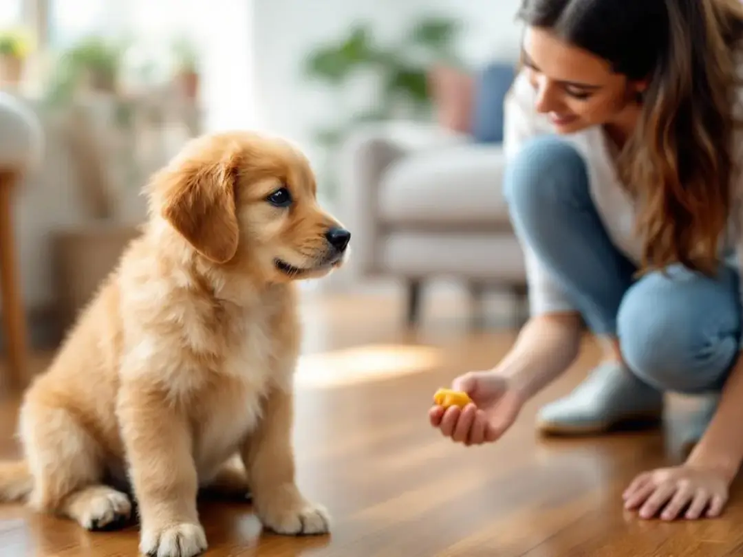 A mini goldendoodle puppy is attentively sitting during a training session, focused on their owner, showcasing their...