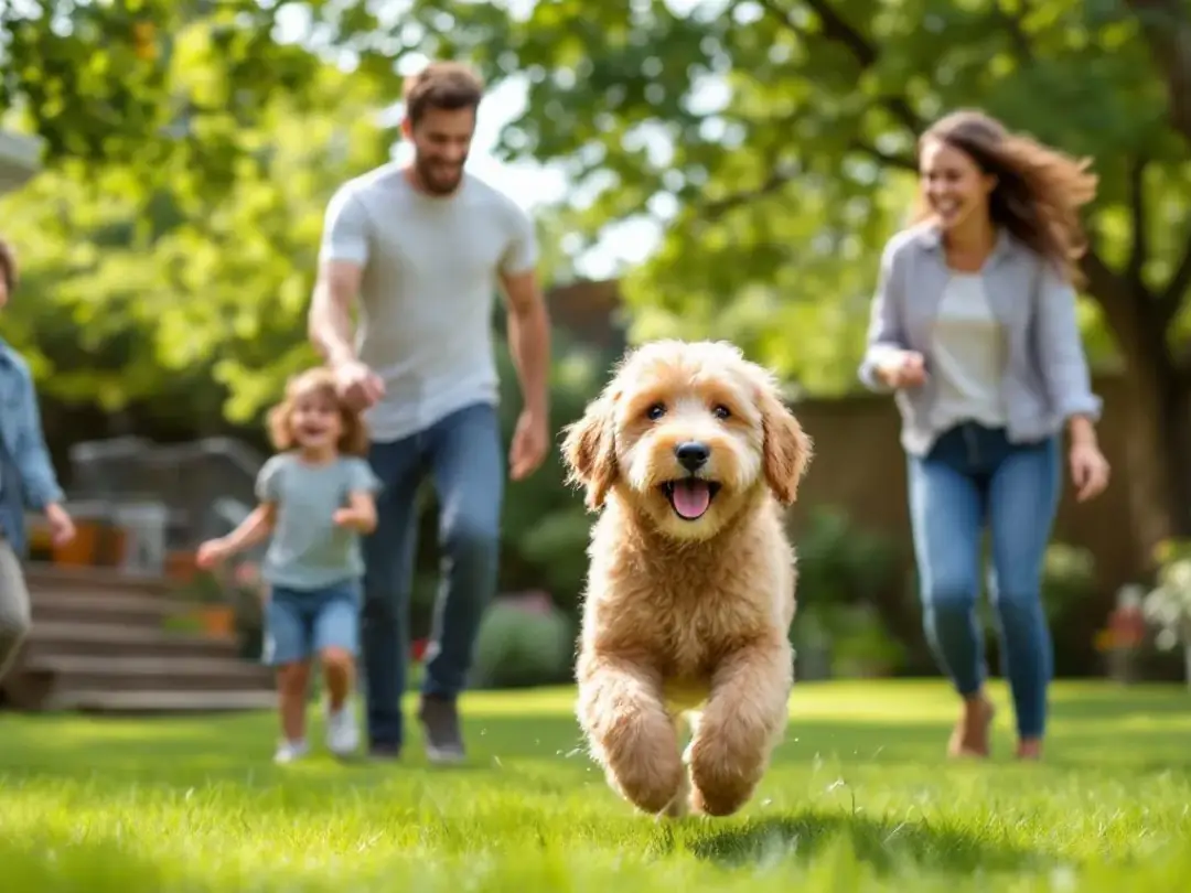 A joyful family is playing with their mini goldendoodle in a sunny backyard, showcasing the dog's playful and...