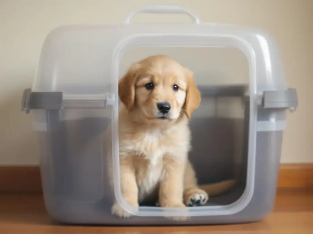 A mini goldendoodle puppy is nestled comfortably in a soft carrier, eagerly awaiting its new home. With its...