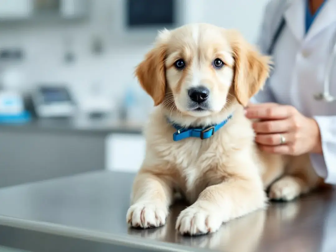 A mini goldendoodle puppy is being examined by a veterinarian, showcasing its playful and affectionate nature. The...