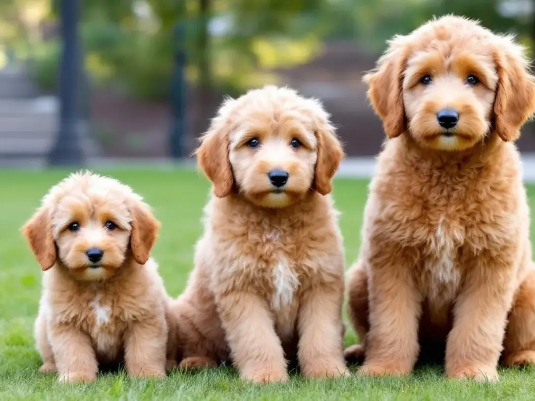 Three Mini Goldendoodles of varying sizes sit closely together, showcasing the differences in their mini goldendoodle's...