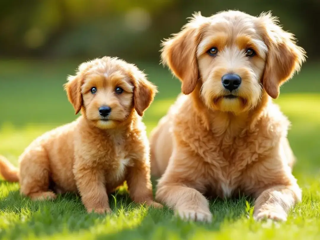 An adorable mini goldendoodle puppy sits beside its adult counterpart, showcasing the growth journey from a small...