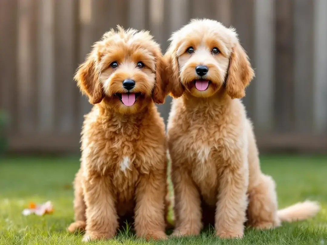 A mini goldendoodle stands next to a cocker spaniel, showcasing their similar size comparison, with both dogs...