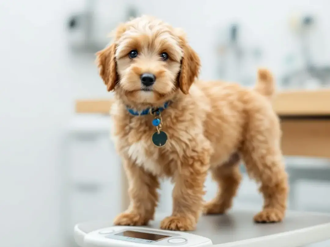 A mini goldendoodle is being weighed on a veterinary scale, showcasing its compact size and adorable appearance. This...