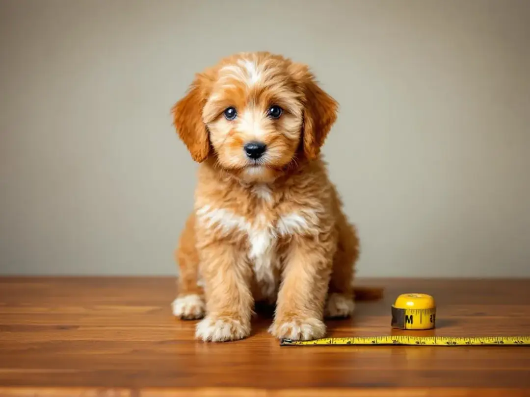 A mini Goldendoodle puppy is shown next to a measuring tape, illustrating its growth tracking. This image highlights...