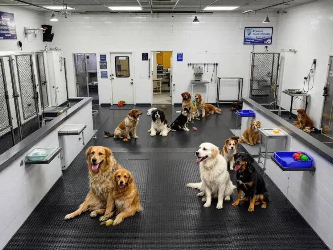 The image depicts a professional breeder facility featuring clean kennels and spacious play areas filled with healthy...