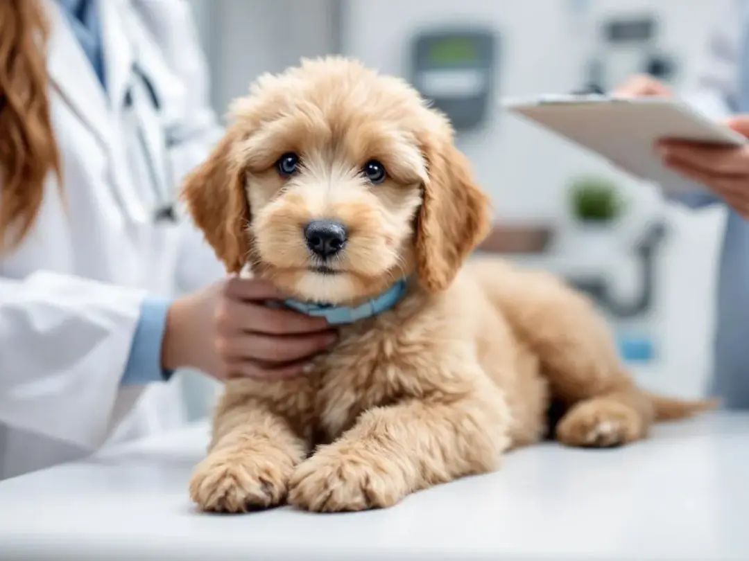A mini Goldendoodle puppy is receiving veterinary care, showcasing the health testing and preparation necessary for its...