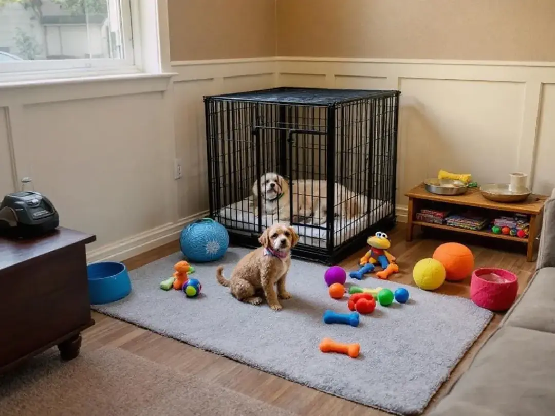 In a cozy living room, a puppy-proofed setup is ready for a new mini goldendoodle puppy, featuring colorful toys...
