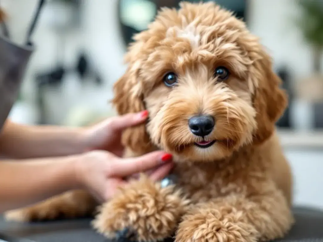 A happy mini goldendoodle is being groomed, showcasing its curly coat and playful demeanor during a grooming session...