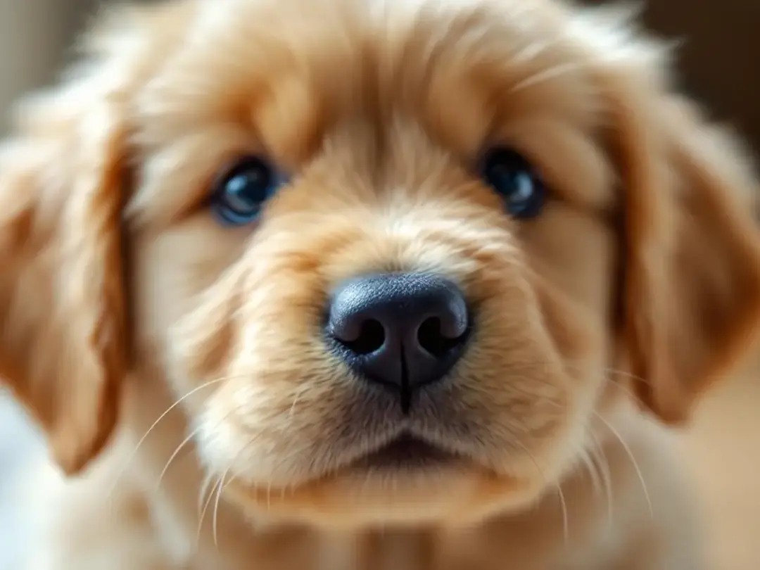 A close-up of a mini teddy bear goldendoodle's face showcases its characteristic round eyes, button nose, and fluffy...