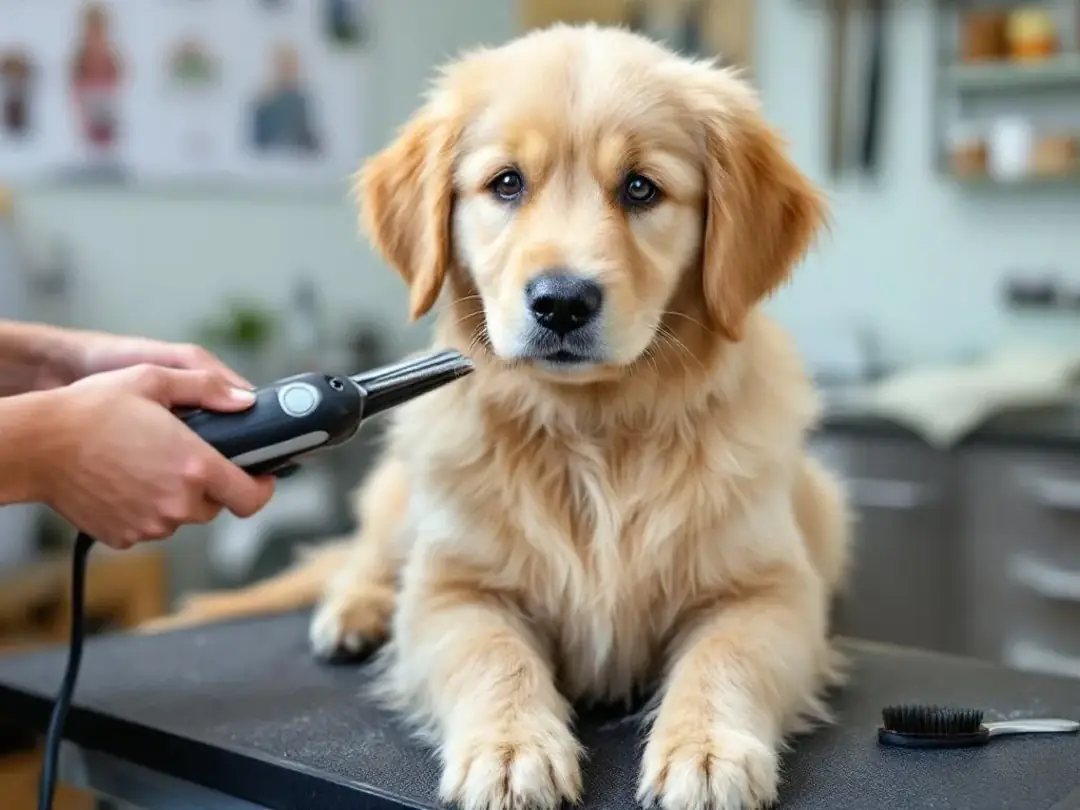 A mini teddy bear goldendoodle is being groomed, showcasing the transformation from its natural curly coat to a neatly...