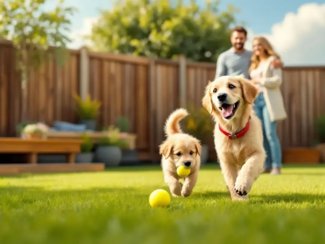 A mini teddy bear goldendoodle is joyfully playing fetch in a fenced backyard, surrounded by a family of children and...