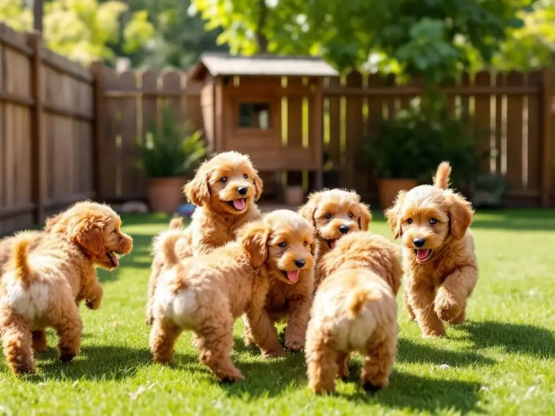 A lively litter of mini teddy bear goldendoodle puppies is playfully interacting in a clean and well-maintained puppy...