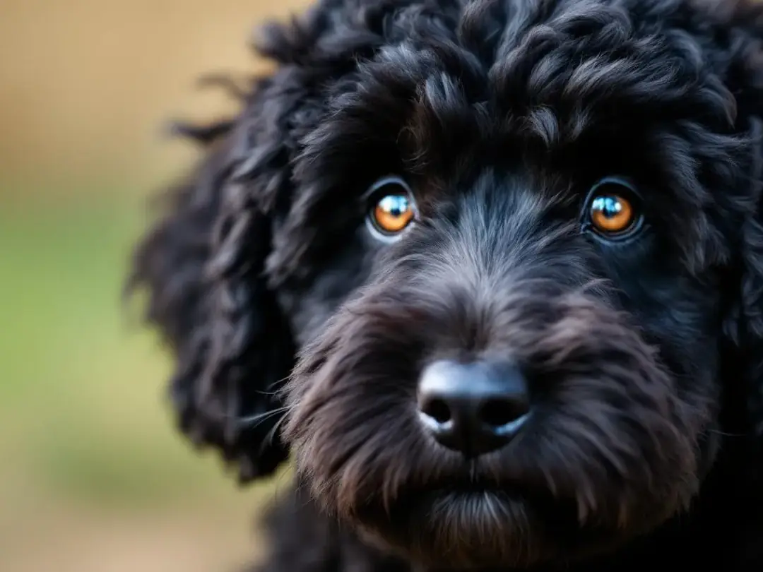 A close-up portrait of a miniature black goldendoodle showcases its soft, curly black coat and warm brown eyes...