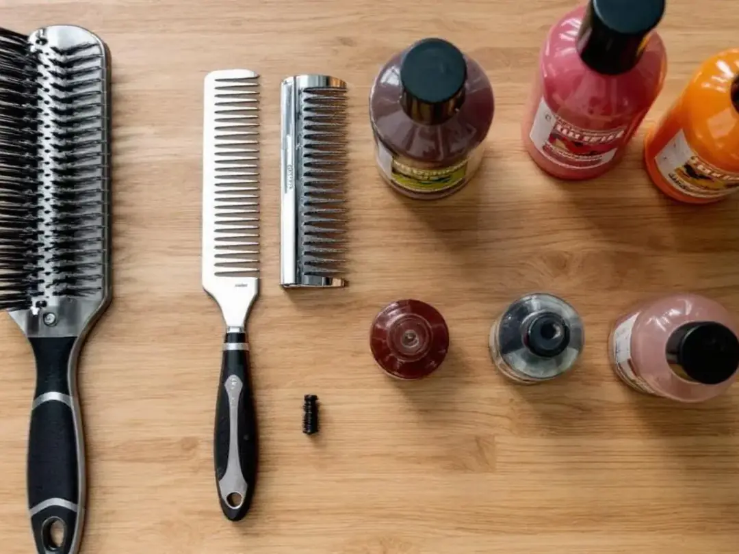 The image shows a neatly arranged selection of grooming tools on a table, including a slicker brush, a metal comb, and...