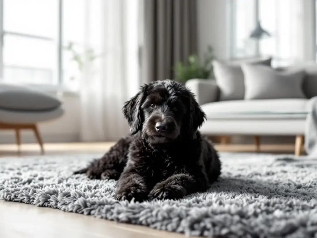 A miniature black goldendoodle is comfortably lounging in a modern apartment living room, showcasing its adaptability...