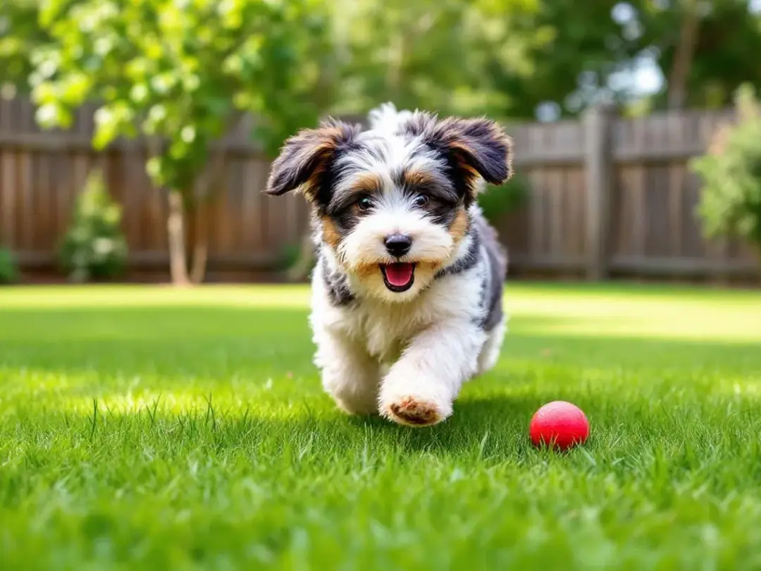 A playful mini Aussiedoodle is joyfully fetching a ball in a fenced backyard, showcasing its affectionate nature and...