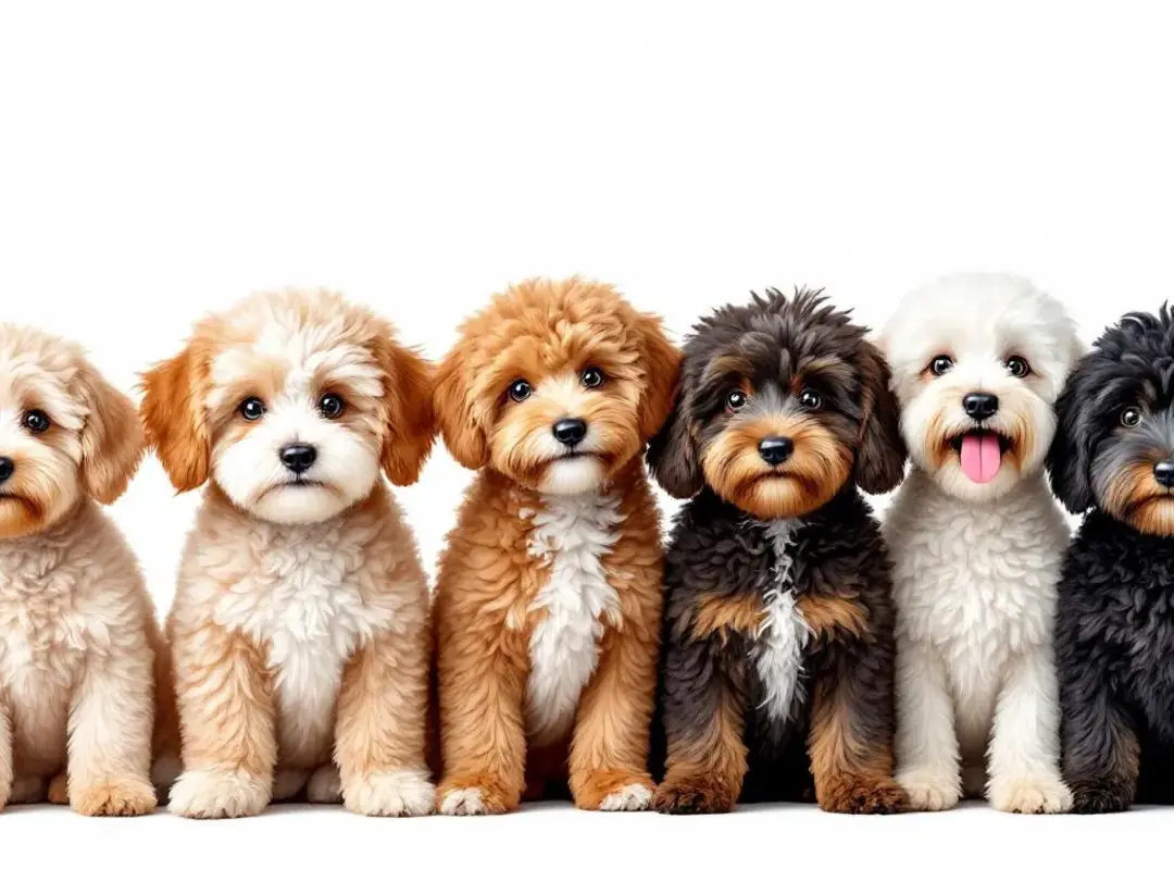 In this image, various miniature doodle dogs are displayed side by side, showcasing different coat types and colors...