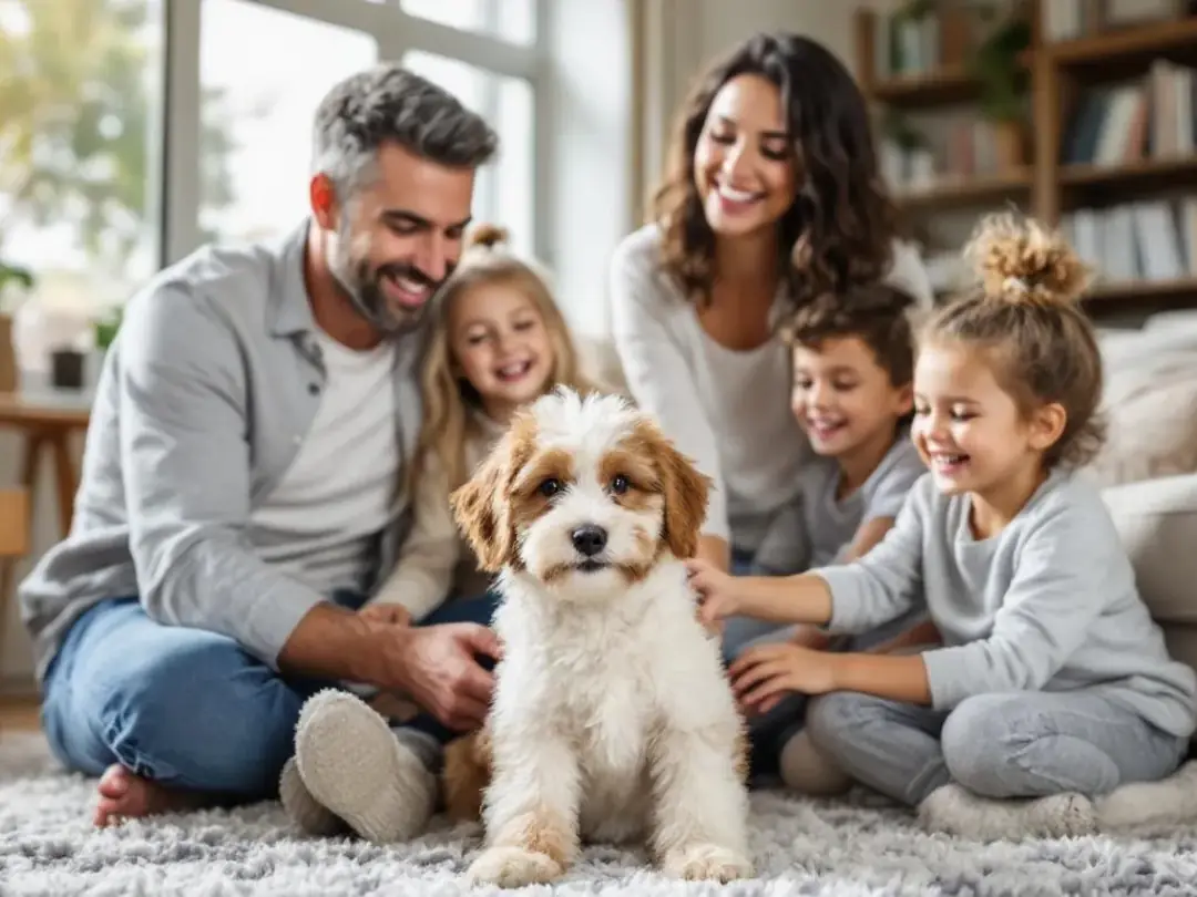 A happy family is playing with their miniature doodle dog in a cozy living room, showcasing the dog's playful and...