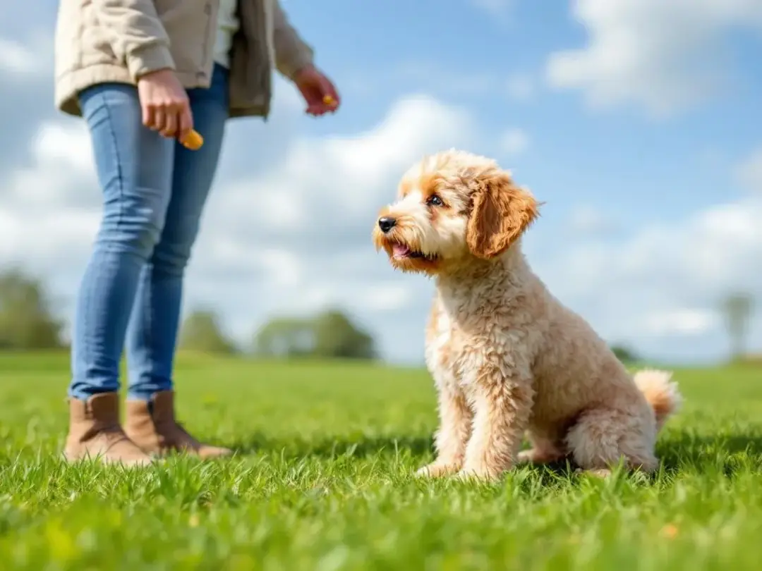 A miniature doodle dog is actively participating in an outdoor training session, showcasing its playful and...