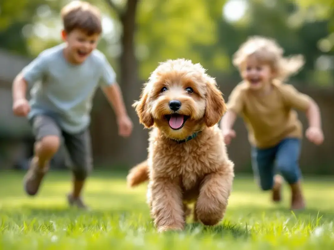 In the image, a playful miniature English Goldendoodle with a curly coat interacts gently with two young children in a...