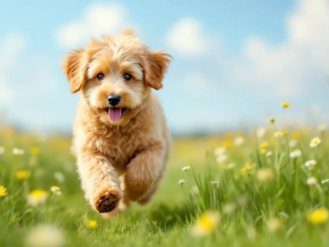 A healthy adult miniature English Goldendoodle with a curly coat joyfully runs through a lush grassy field, embodying...