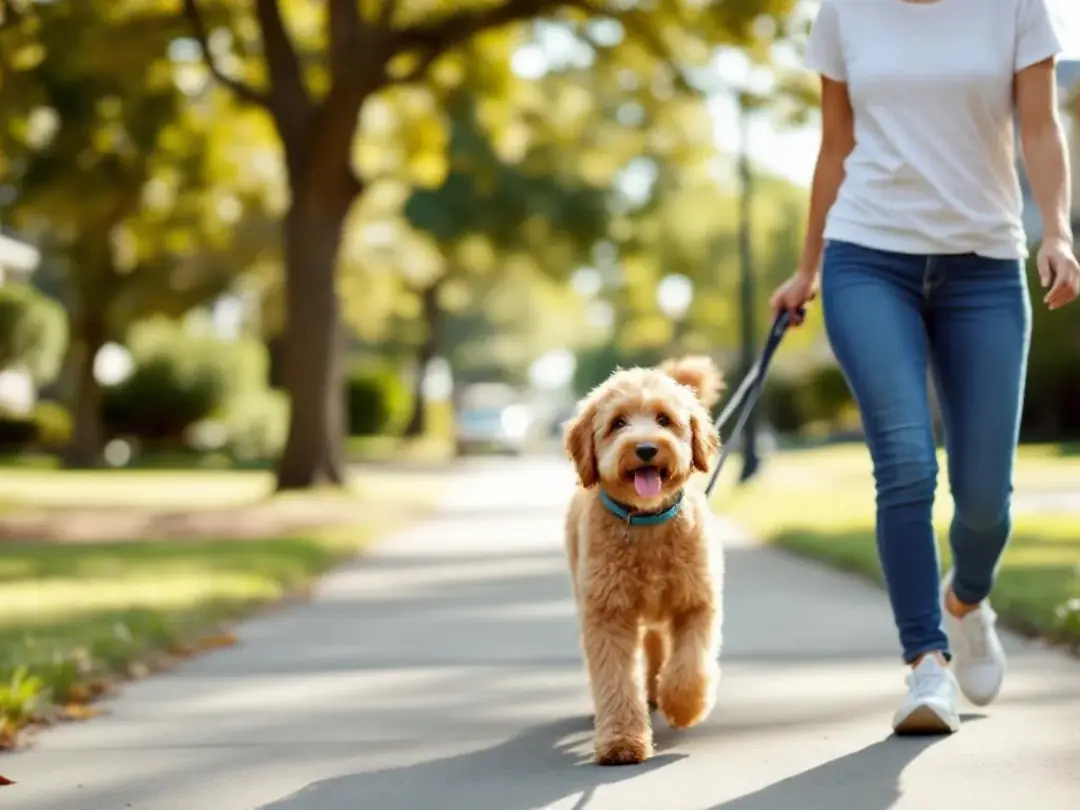 A miniature English Goldendoodle with a curly coat is happily walking on a leash alongside its owner in a suburban...