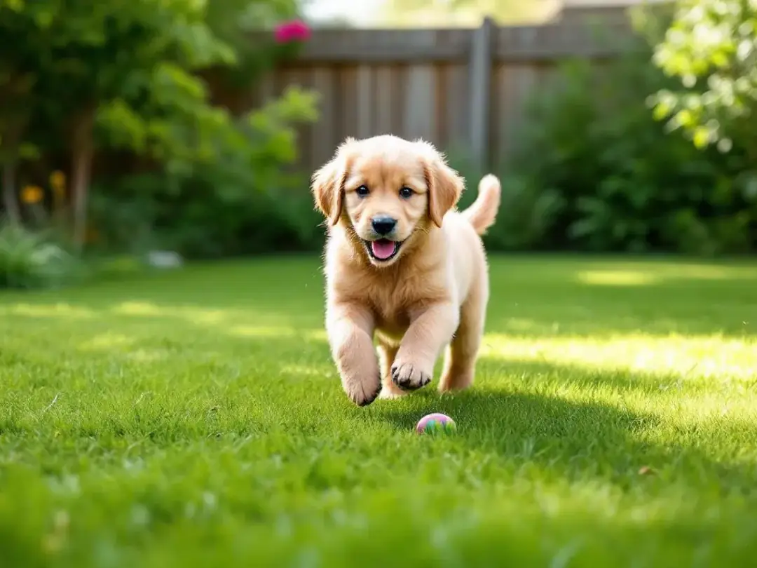 A playful mini golden retriever puppy is frolicking in a sunny yard, showcasing its small yet proportional build and...