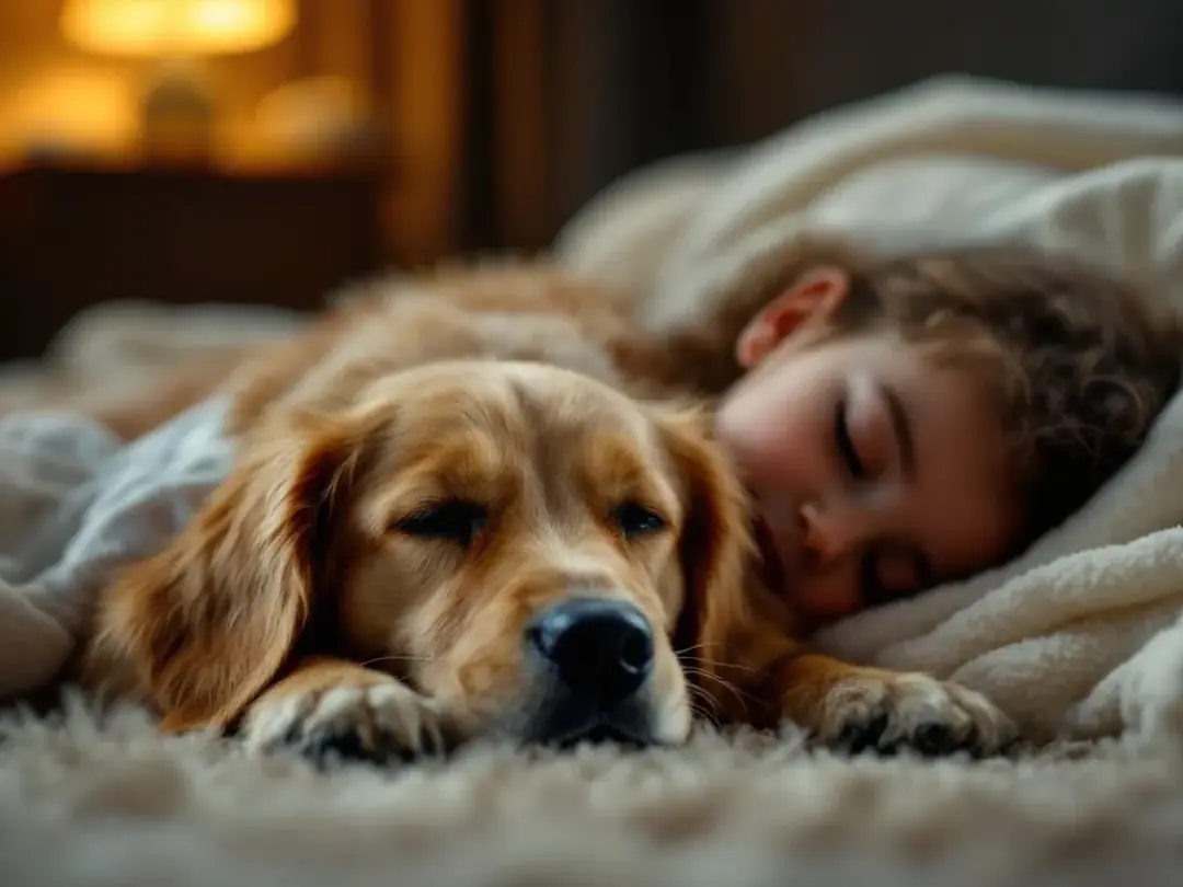 A miniature golden retriever lies peacefully beside a sleeping child, showcasing its affectionate nature and gentle...