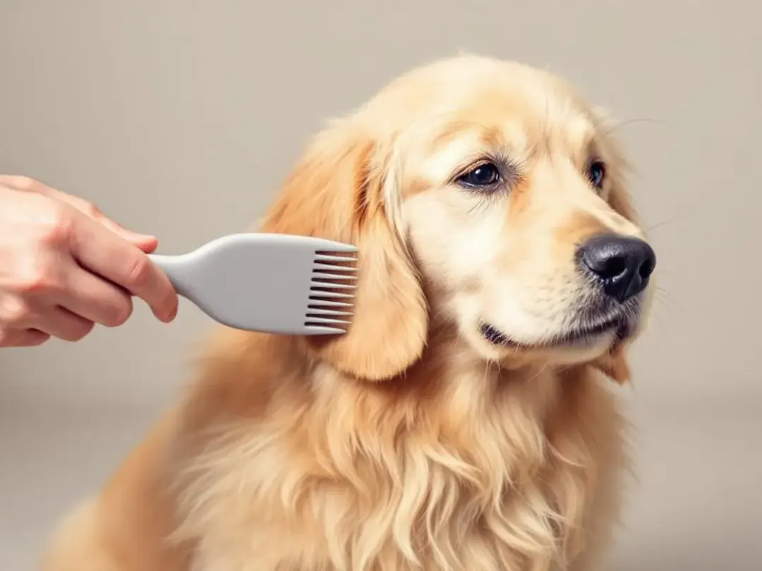 A miniature golden retriever is being gently brushed, showcasing proper grooming techniques that highlight its soft fur...