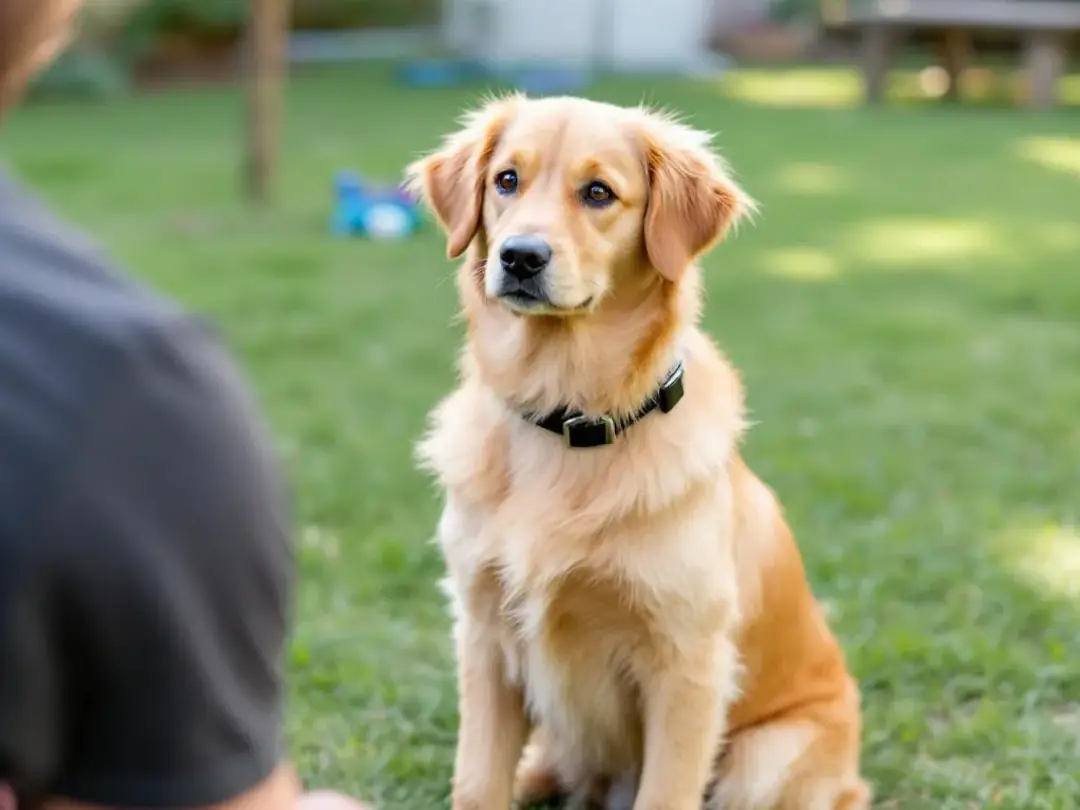 A miniature golden retriever is attentively engaged in a training session, showcasing its focus and intelligence with a...